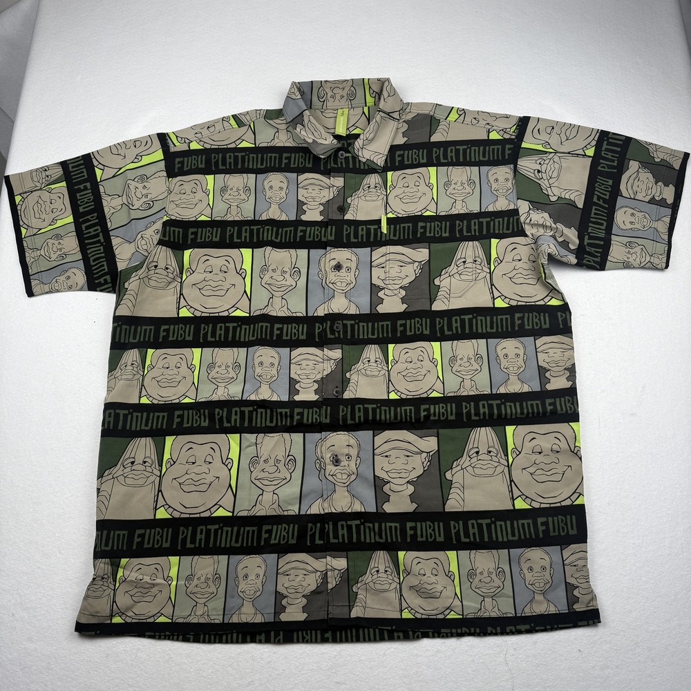 FUBU Platinum Shirt Mens 2XL Green Black All Over Cartoon Faces Print Button Up